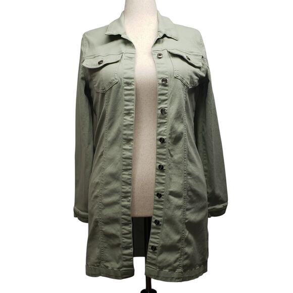 Celebrity Pink Denim Jacket Sz XL – Sage Green Stretch, Longline Button Front - Picture 1 of 10